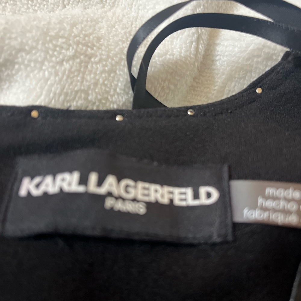 Karl Lagerfeld Black Dress. Silver studs. Puff sleeves. Polyurethane. Stretch. Z